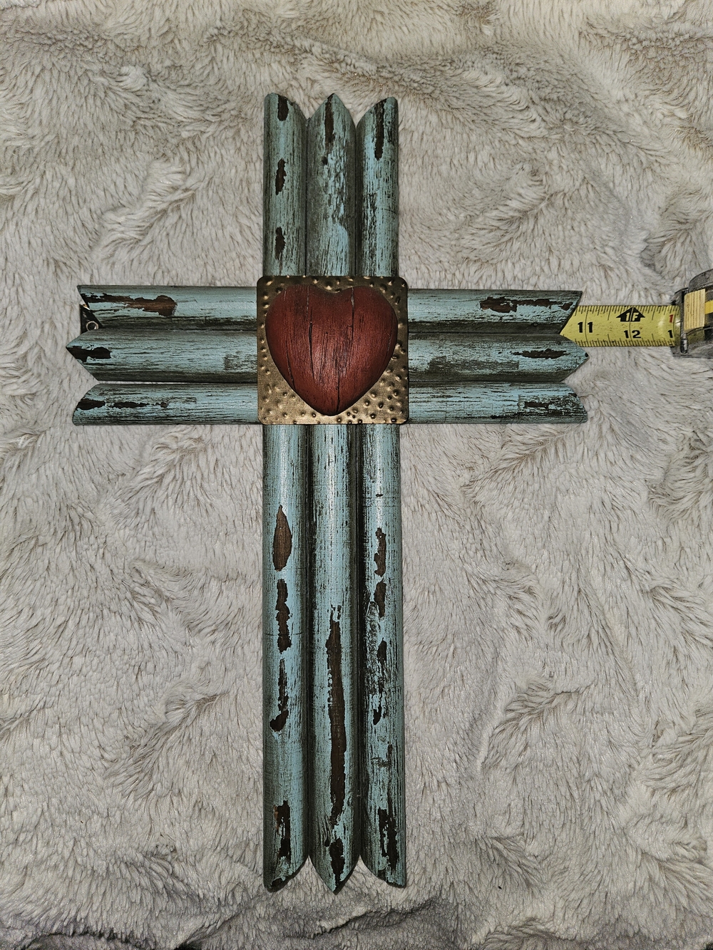 Distressed Teal Wooden Heart Cross Wall Decor - Rustic Home Accent